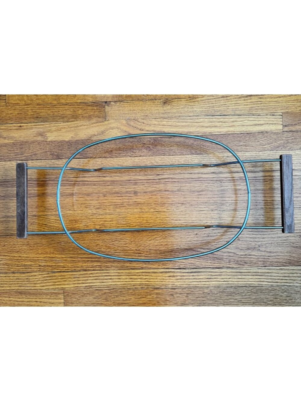 Oval Metal Casserole Dish Trivet Holder w/ Wood Handles MCM 15" x 8" Vintage 70s